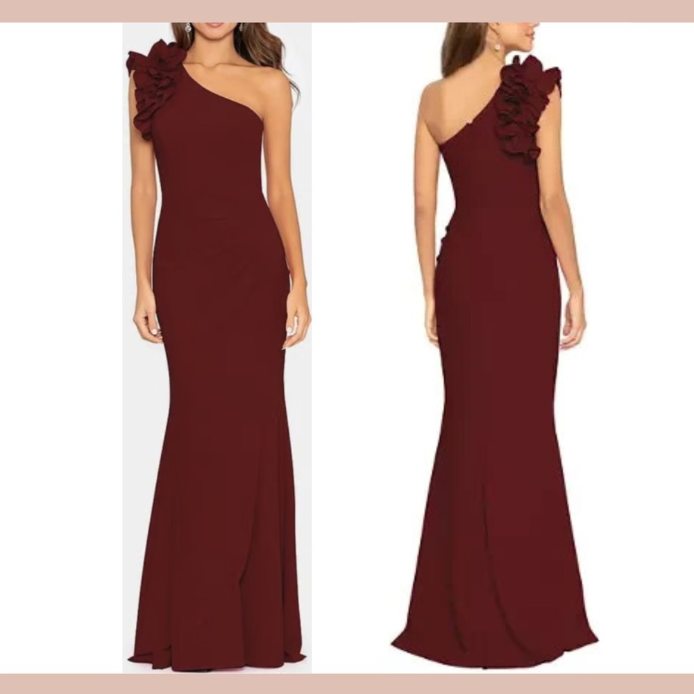 NEW $278 XSCAPE [ 14 ] Ruffled Detail‎ One Shoulder Gown Wine Red #J2089